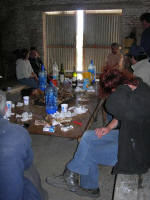 Eating the contents of the sheepskins 